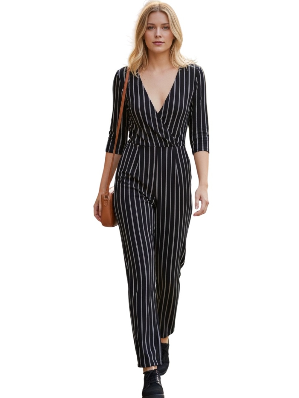 No Boundaries Black and White Striped Wrap Jumpsuit